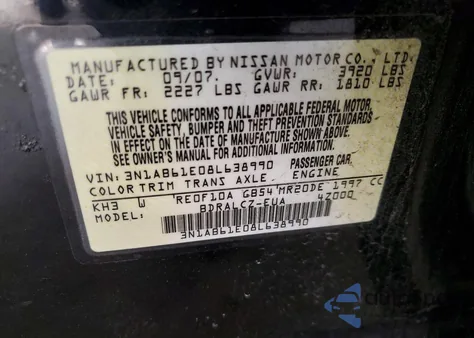 2008 Nissan Sentra 2.0 z USA, uszkodzony, nr VIN 3N1AB61E08L638990